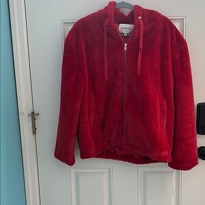Red Faux Fur Zip-Up Jacket